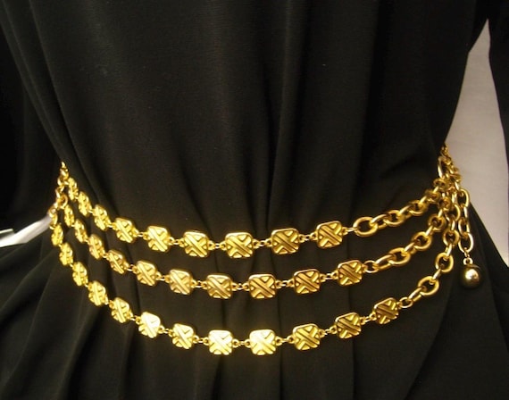 Vintage Gold Chain Belt Multi Strand Layered Waist Belt | Chunky 90s Gold Tone Dress Belt, Textured Square Links Boho Statement Hip Belt