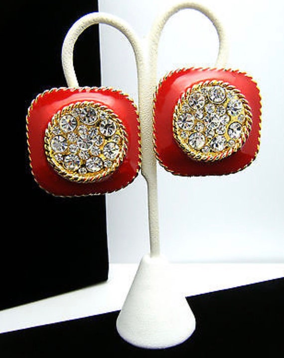 Sparkly Red Enamel & Rhinestone Goldtone Clip On Earrings Vintage 80s Glam