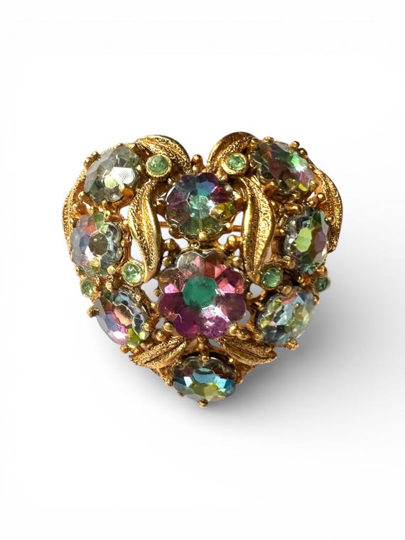 Victorian Revival Heart Brooch: Vintage AB Crystals Gold Vermeil Lapel Pin