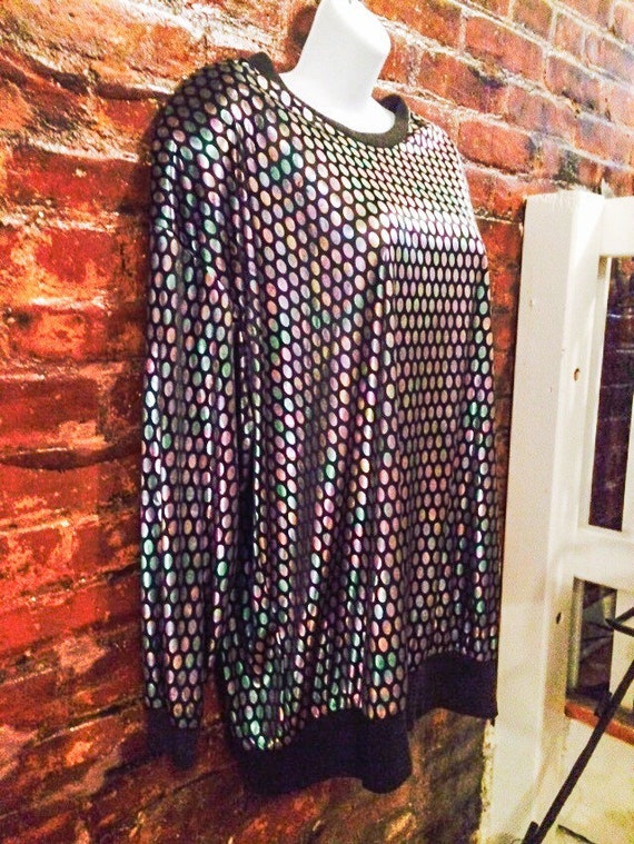 Shimmery Silver Disco Polka Dots on black oversized Top, Awesome 80s Vintage Blouse with shoulder pads, Zoom Party Sparkle!