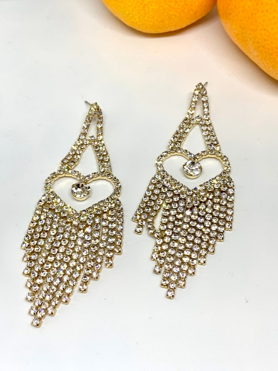 Sparkly Ice Rhinestone Heart Fringed Chandelier Dangle Statement Earrings, 90s glamour jewelry