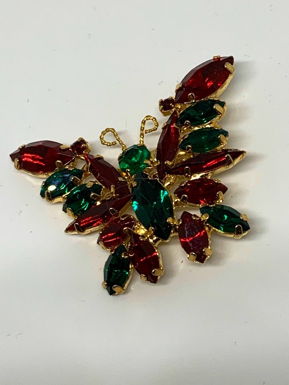 Holiday Christmas Colors Butterfly Pin, Navette Rhinestones & Fancy Goldtone, Hollywood Regency Vintage Brooch, Gift under 50 dollars
