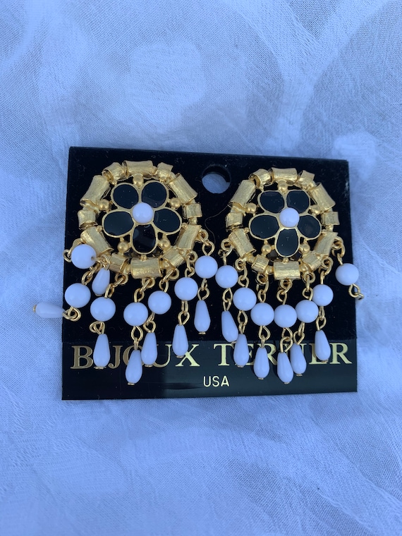 Big Bold Sexy 90s Statement Earrings, Black and White Beaded Fringy Dangles, Glamour Jewelry by Bijoux Terner
