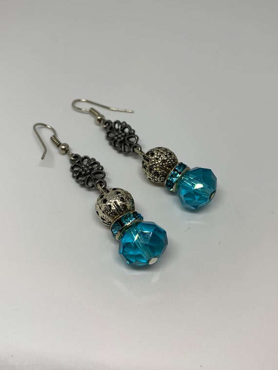 Aqua Blue Crystal Gem & Silvertone Floral Dangles, Sexy Date Night Statement Earrings
