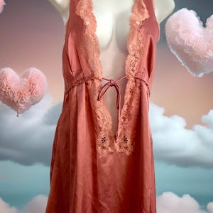 Sexy Christian Dior Nightgown Lingerie, Rose Pink Satin with Lace Plunging neckline, Rare Designer Vintage Collectible, Paris New York, 70s