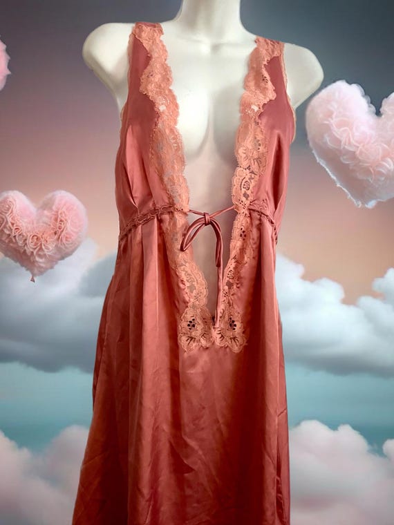 Sexy Christian Dior Nightgown Lingerie, Rose Pink Satin with Lace Plunging neckline, Rare Designer Vintage Collectible, Paris New York, 70s
