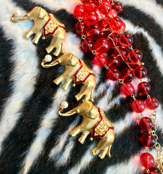 3 Vintage Monet Elephant Brooches, Red Enamel & Goltone, Mint Estate Jewelry Figurals, AN Elephant Circus Parade! On Trend Unisex Lapel Pins