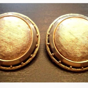 CLASSIC & CLASSY Gold Button Clip on Statement Earrings, Textured matte finish with Sleek Industrial Mid Century Modern Vintage ESTATE Find