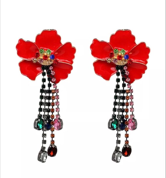 Beautiful Red Enamel Flower Statement Earrings