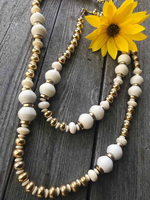 A Matching Pair of Signed Napier Chunky 70s Vanilla Cream Lucite & Goldtone Beads Better Fashion Jewelry Statement Necklaces