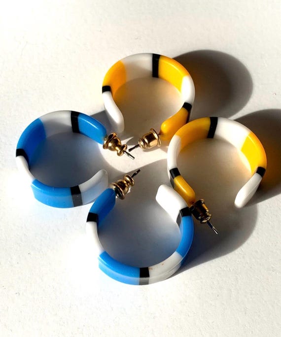 Vintage Mod Striped Hoops, 80s New Wave Earrings, 2 pairs Yellow and Blue