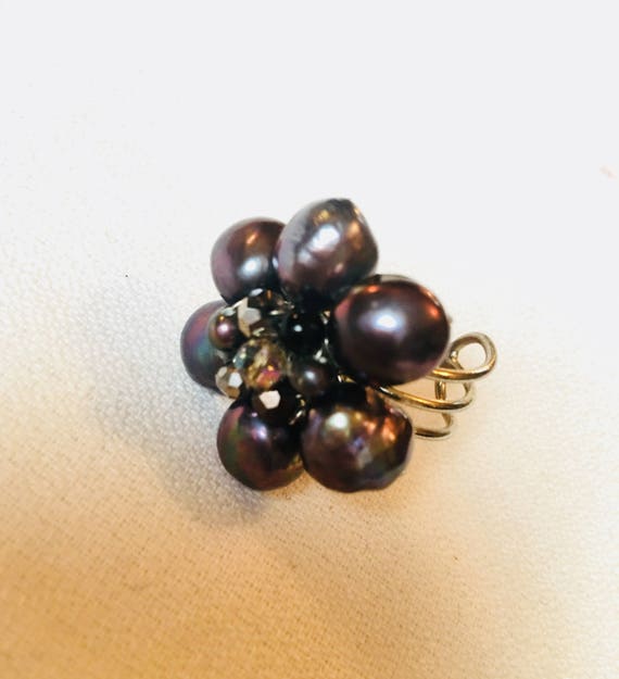 Vintage Black Water Pearl Cluster Bead Floral Adj… - image 9
