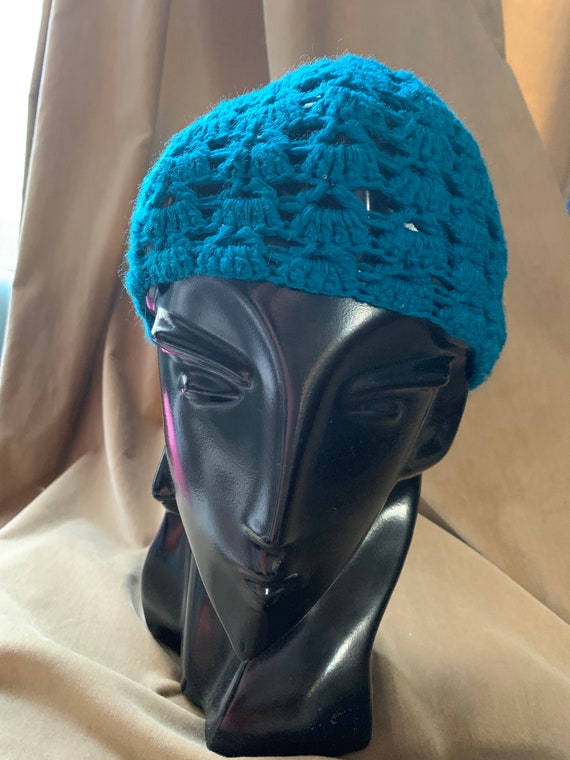 Vintage 90s Glamour Grunge Teal Blue Crochet Skull Cap, MTV Harpers Bazaar Fashion Mash Up of the Day!