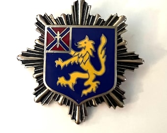 Vintage Family Crest Code of Arms Enamel Brooch Lapel Pin with Yellow Lion Sword and Regal Sunburst, Perhaps a Royal line?