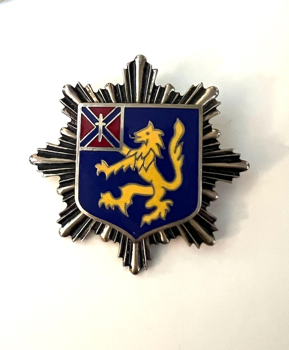 Vintage Family Crest Code of Arms Enamel Brooch Lapel Pin with Yellow Lion Sword and Regal Sunburst, Perhaps a Royal line?