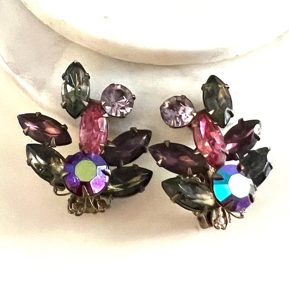Amethyst Navettes and Foiled Rose Pink Rondelle Crystal Statement Earrings, Romantic Rivival Floral Frond Clip Ons, Singed BeauJewels
