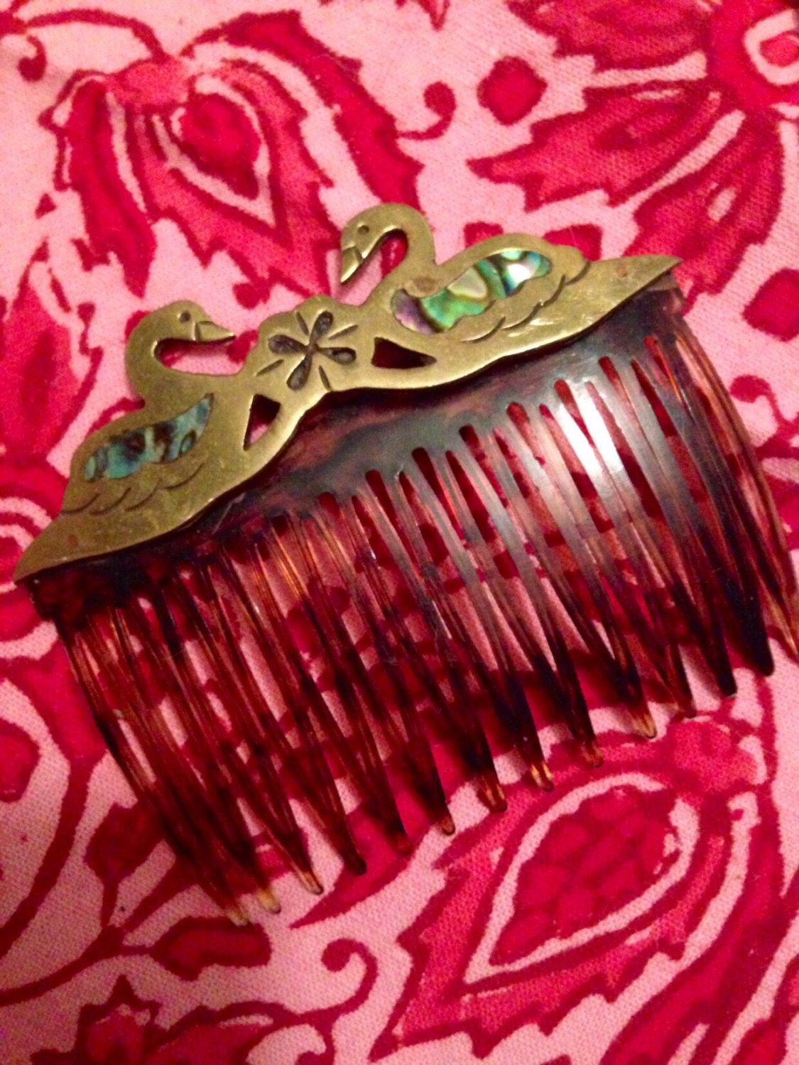 Vintage Brass & Abalone Swans ornamental hair comb