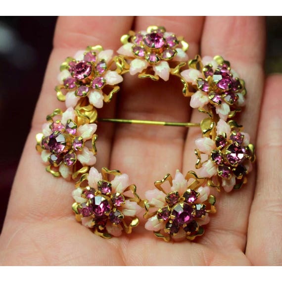 Vintage Pink Rhinestones Floral Pastel & Goltone … - image 2