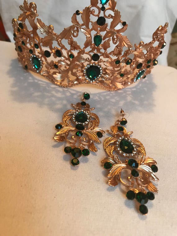 For your Princess Green Or RED Glass & Blinding Crystal CROWN Tiara for Beauty Queen with matching 3.5” Runway Statement Earrings!