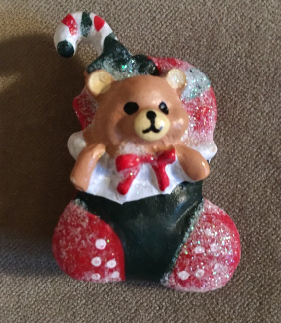 Vintage resin sparkly bear in a stocking Christmas Pin -comes gift bagged & ribboned