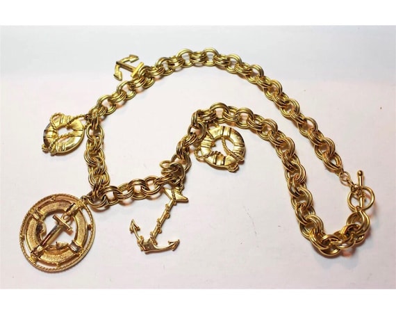 MJENT Nautical Charm Necklace, Vintage Sailing Necklace, Chunky Chain with Anchors & Life Preservers Goldtone Statement Necklace