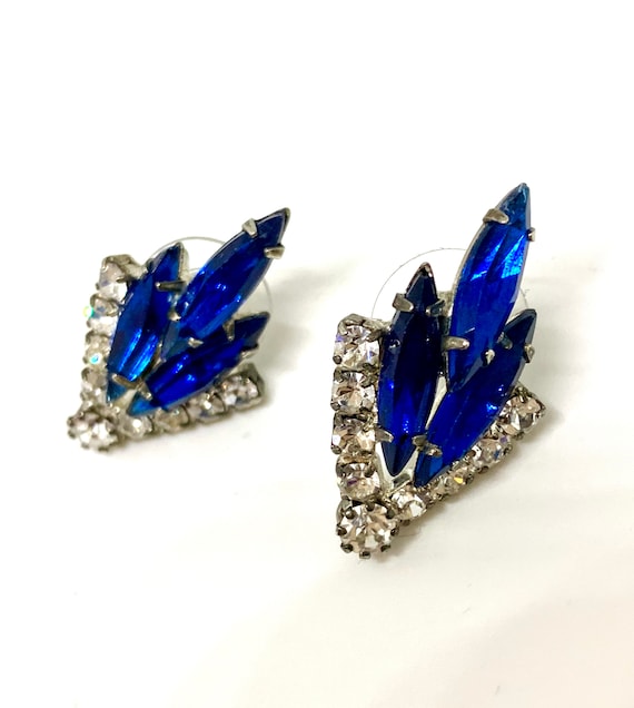 Juliana Style Royal Blue Navettes & Ice Rhinestone Earrings, Vintage Hollywood Regency Cocktail Jewelry