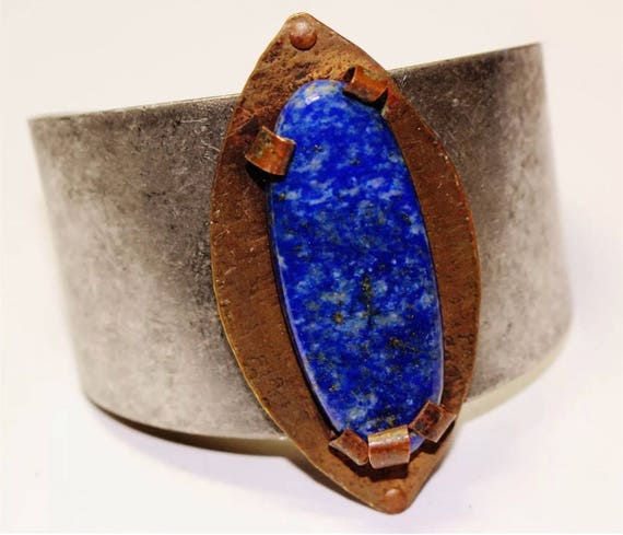 Artisan Modernist Lapis Cuff, Rustic  Brutalist Galvinized Tin & Copper Metalwork Blue Polished Gemstone Unisex Post Modern Bracelet