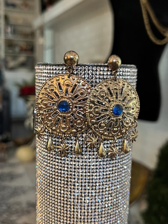 90s Bohemian Chandelier Earrings, Golden Blue Gem, Deadstock Jewelry