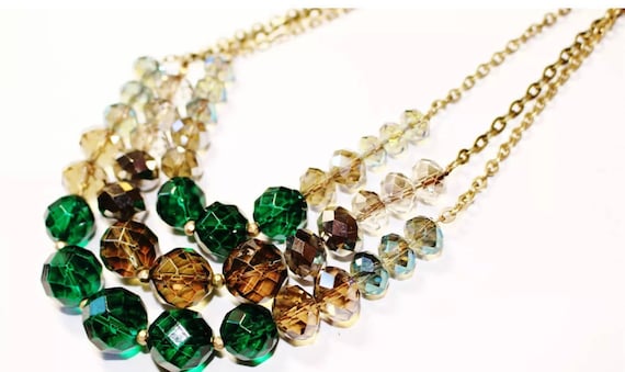 Cascading Crystal Statement Necklace, Mixed Color beads -Greens Smoky Beiges & Clear Ice on matte gold tone metal chain