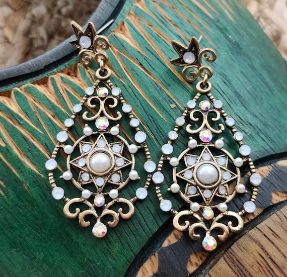 Vintage Bali Style Ornate Dangles, Brassy Scrollwork w/ Gray Pearls & AB Crystal Statement Earrings, 90s Glamour Grunge Gypsy Bling