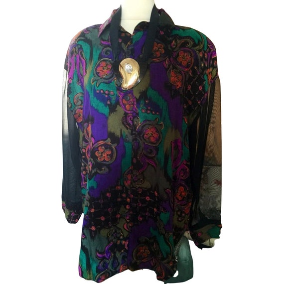 Unworn late 80s Vintage Glam Blouse, clubwear rayon post modern print shirt with sexy see through black sleeves