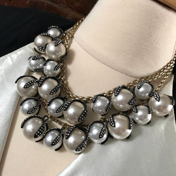 Dramatic Collar Necklace of Oversized Pearls  Set in Rhinestoned Japanned Black Drippy Claw like Settings, Glamour Jewelry