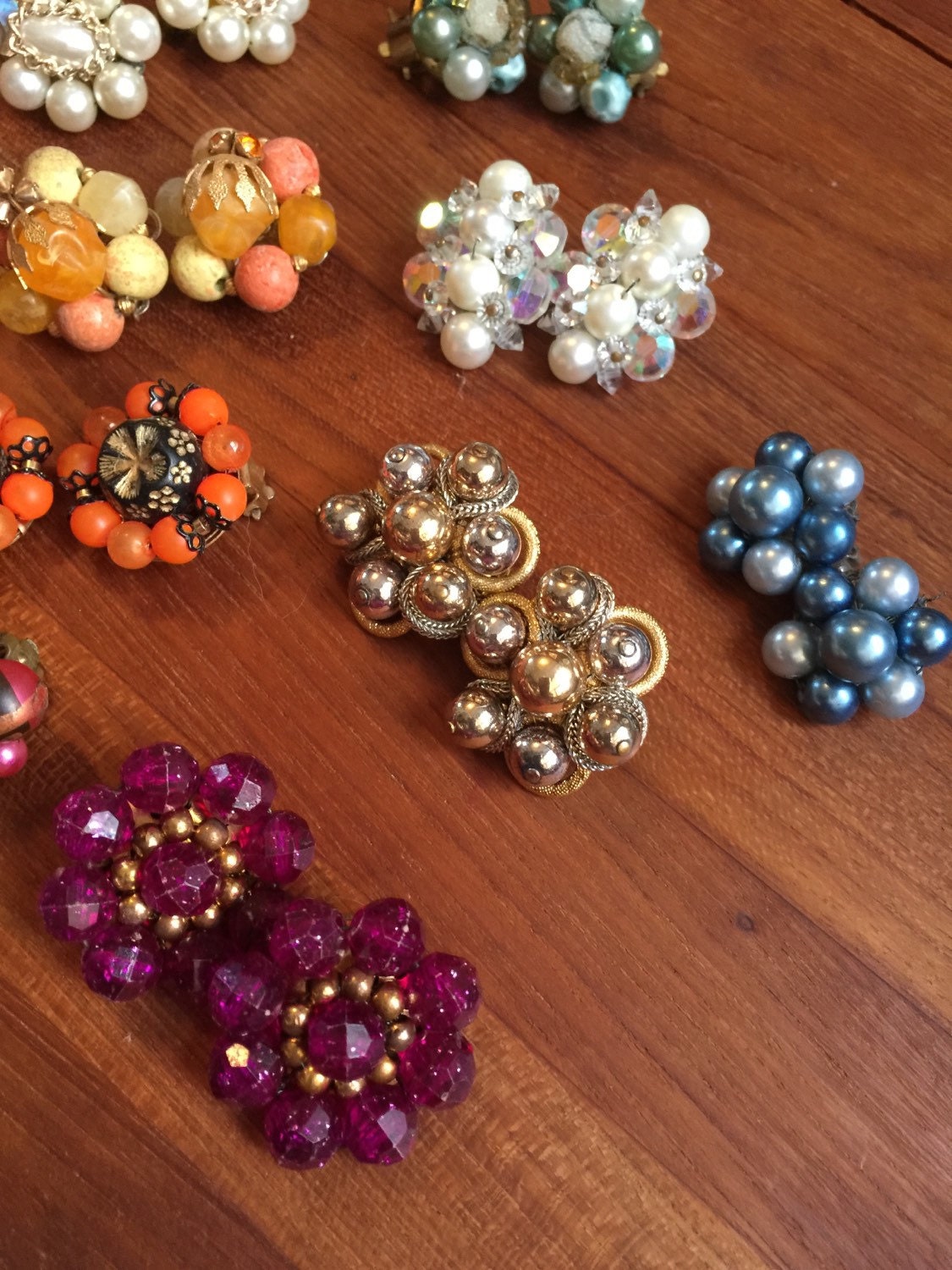 11 pair collection of colorful vintage cluster bead earrings