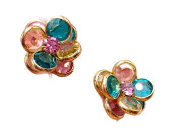 Vintage Swarovski Crystal Floral Clip On Earrings, 70s-80s Deadstock