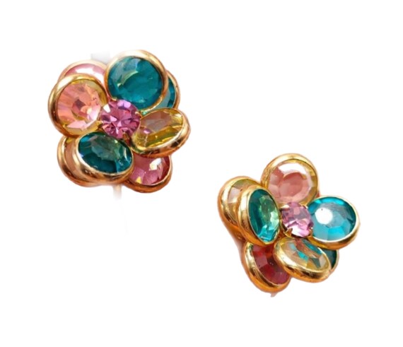 Swarovski Gem Floral Earrings, Vintage Red Green & Amethyst Crystal Clip ons, Perfect Holiday Bling