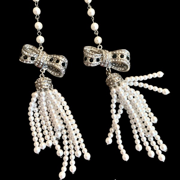 ¡Pendientes de perlas de plumero de hombro Glam! Pendientes llamativos con lazos de diamantes de imitación y borlas de perlas de imitación, bodas glamurosas, joyas nocturnas para citas