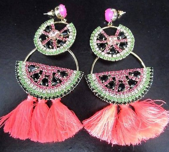 HUGE Pink Watermelon Rhinestone Tassel Statement Earrings, Tropical Party Time!