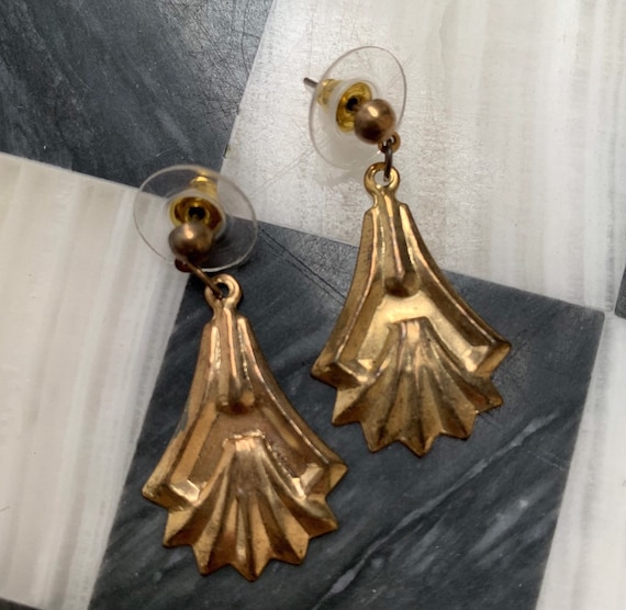 Gothic Art Nouveau Pressed Goldtone Dangle Earrings, Dainty and Light Weight, sweet little treasures