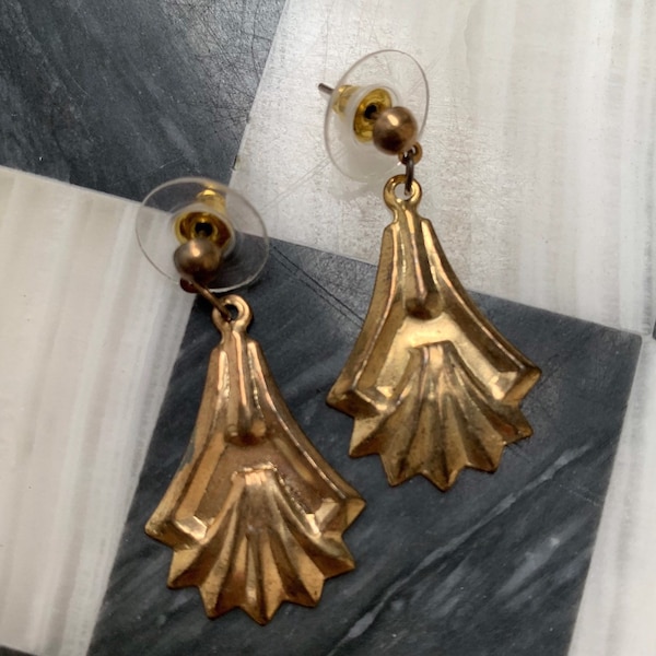 Gothic Art Nouveau Pressed Goldtone Dangle Earrings, Dainty and Light Weight, sweet little treasures