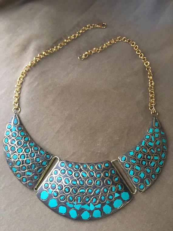 Beautiful Vintage Brass & Turquoise Bibbed Choker Statement Necklace, Boho Tribal Egyptian Revival In the Style of Cleopatra!