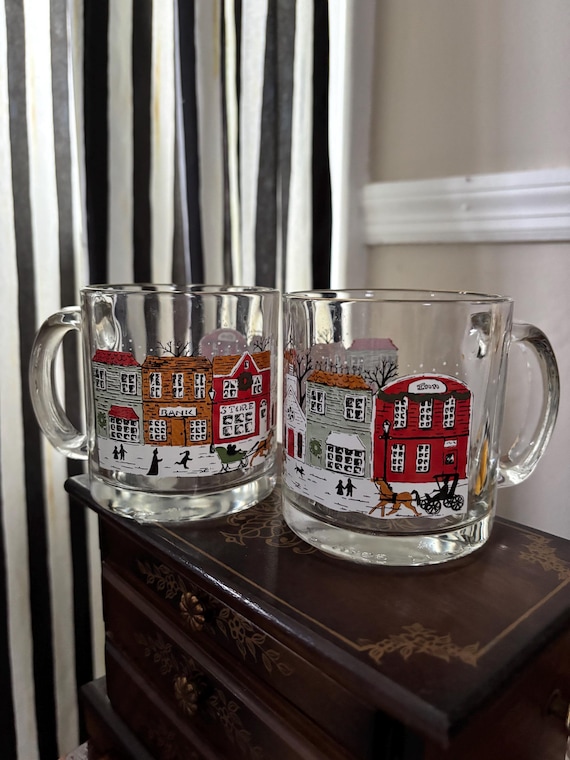 Vintage Libbey Christmas Winter Village Glass Coffee Mugs - Cocoa Tea Hot or Cold Beverages