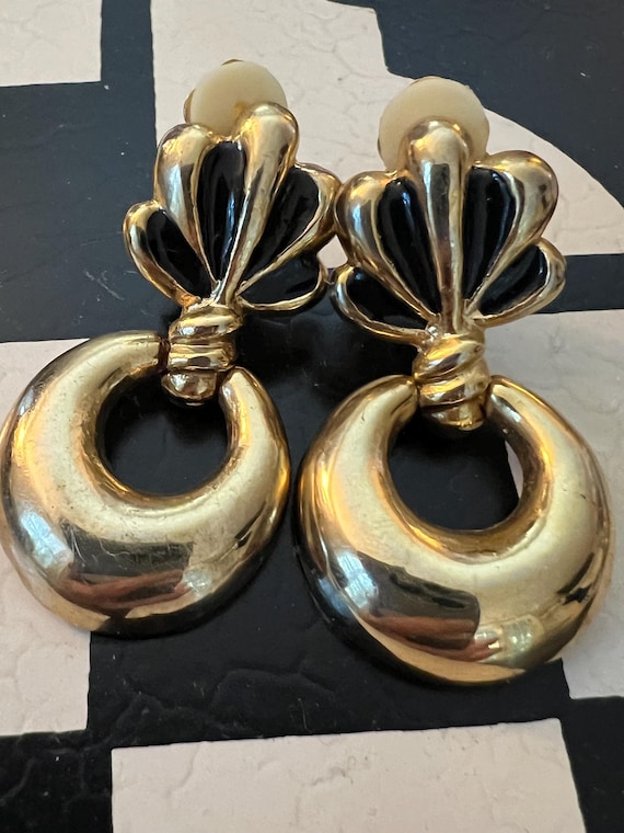 Big Bold Sexy 90s Statement Earrings, Black and Gold Hoop Clip on Dangles, High End Glamour Jewelry, Runway, ladies that lunch, French Style