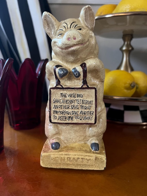 Vintage Cast Iron Painted Pig Bank "Thrifty"