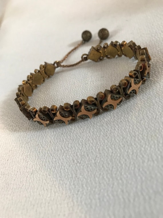 Ornate Gothic Vintage Copper Cuff with Saftey Chain, Renaissance Revival Filigree Bracelet, Estate Find Mid Century Modern Jewelry