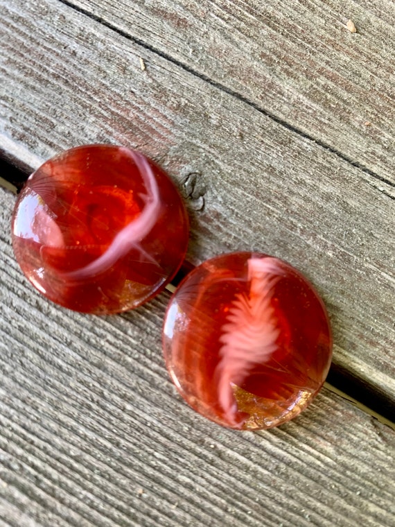 Pretty in Pink Deep Coral Pink Marble Lucite Button Style Vintage Stud Earrings, Great Color!