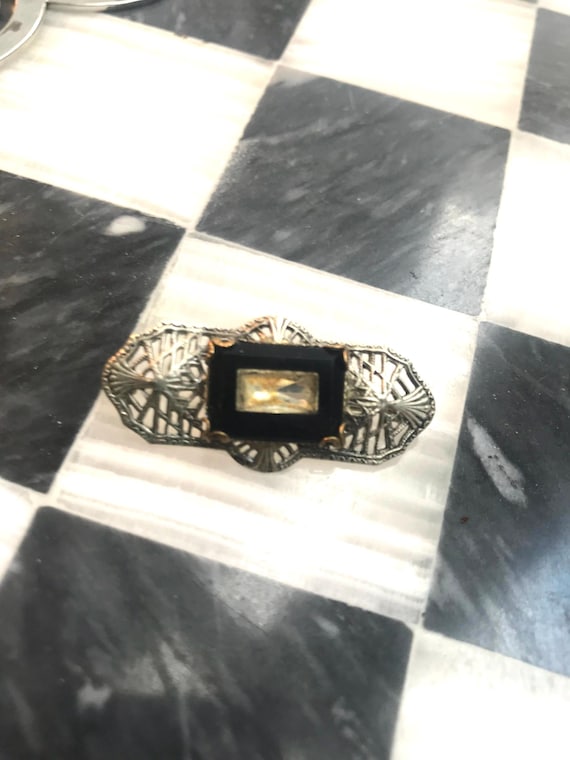 Victorian/ early Deco Art  Black Camphor Glass & Silver Filigree small bar pin, collar or lapel Pin, Vintage Brooch, Antique Pin