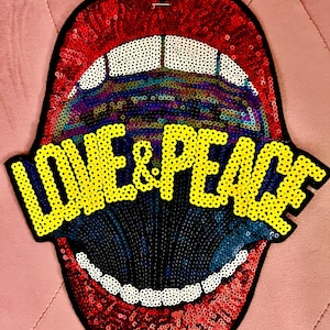 Parche vintage Y2K Deadstock con lentejuelas, labios grandes abiertos, amor y paz, ribete premium para coser en la parte trasera de chaquetas vaqueras, auténtico estilo vintage de los años 2000.