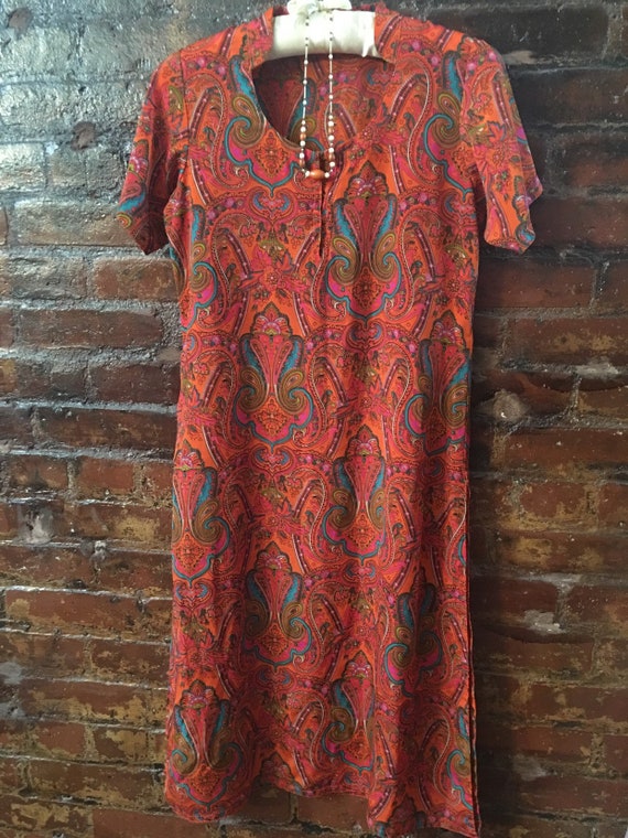 Vintage Orange Paisley Silk Dress, Handmade size small