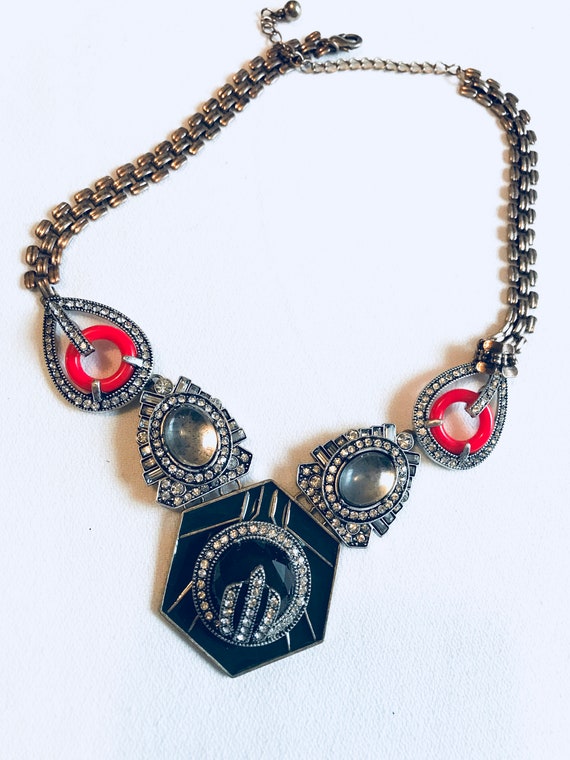 Beautiful Art Deco Style Enamel Rhinestones Clear Cabochons Bright Red Lacquer like Rings Mixed Medium  Modern Statement Necklace