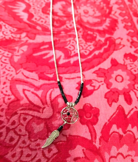 Vintage Southwestern Dreamcatcher Necklace: Liquid Silver & Black Stone Beads